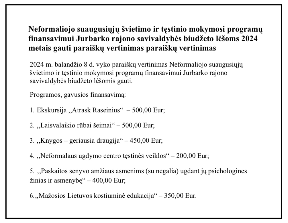 Neformaliojo suaugusiųjų švietimo ir tęstinio mokymosi programų finansavimui Jurbarko rajono savivaldybės biudžeto lėšoms 2024 metais gauti paraiškų vertinimas